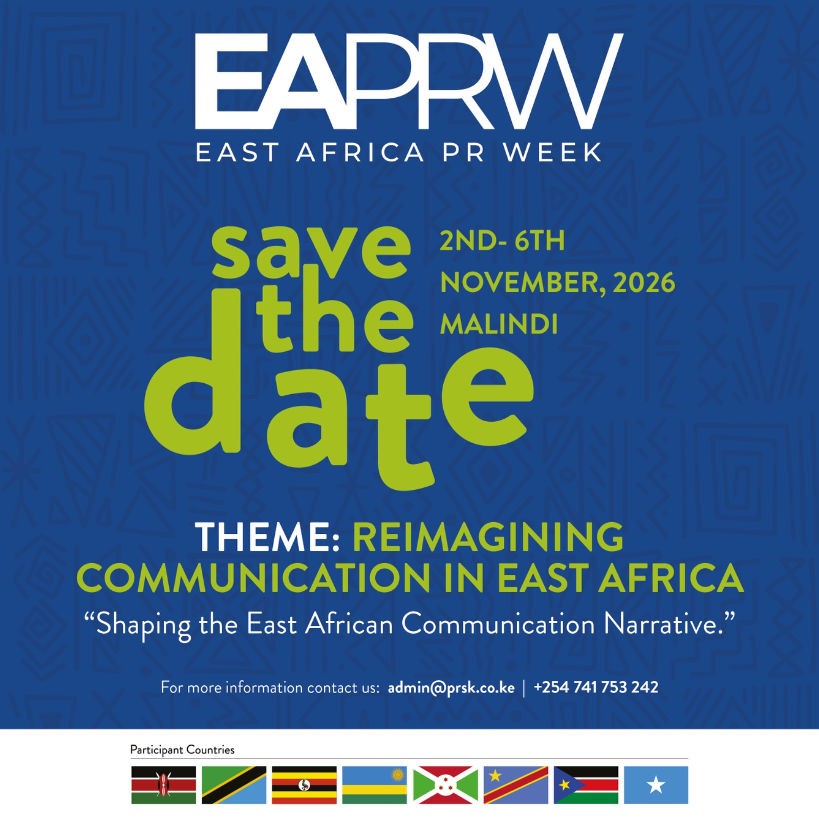 Official EAPRW 2026 Save the Date poster — East Africa PR Week, 2nd–6th November 2026, Malindi, theme Reimagining Communication in East Africa, with the eight participant country flags