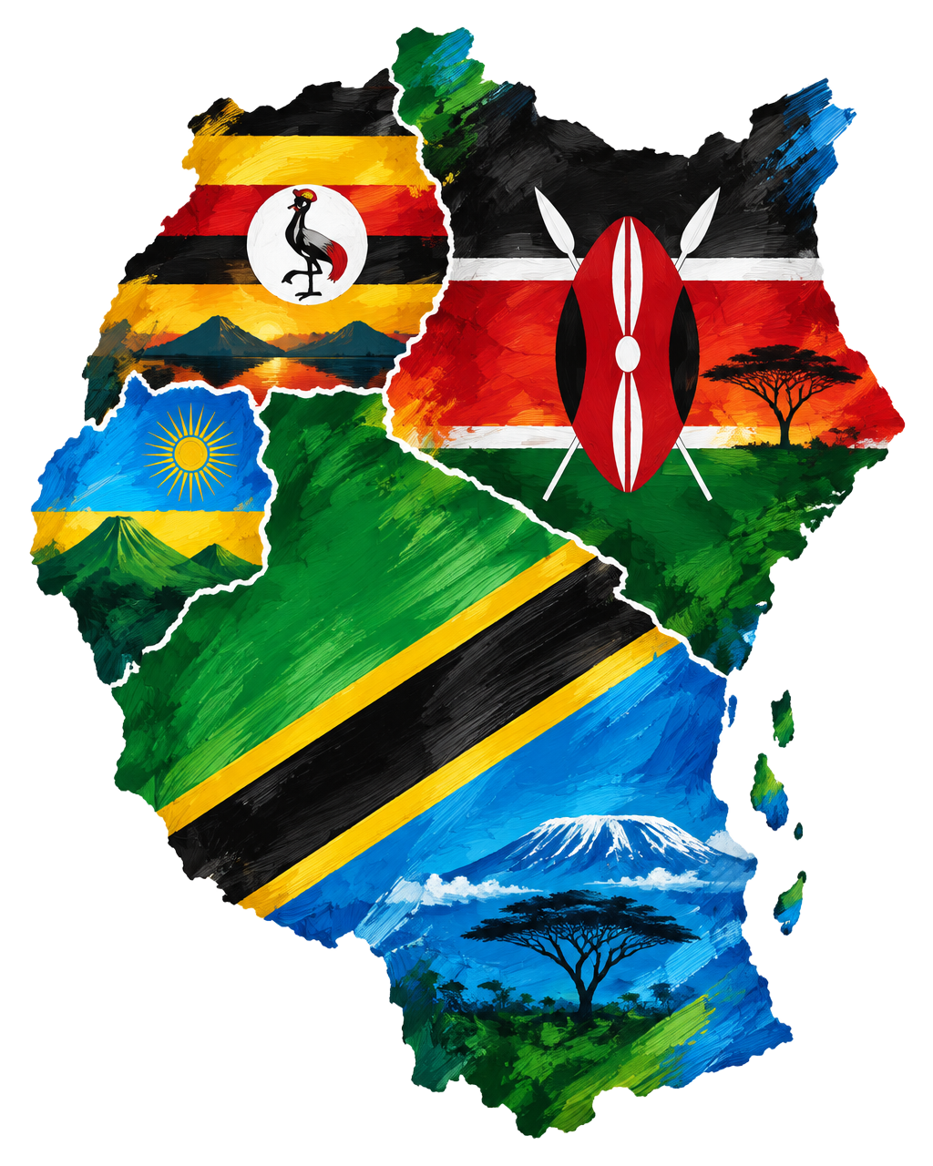 Stylised map of East Africa illustrated with the region's flag colours