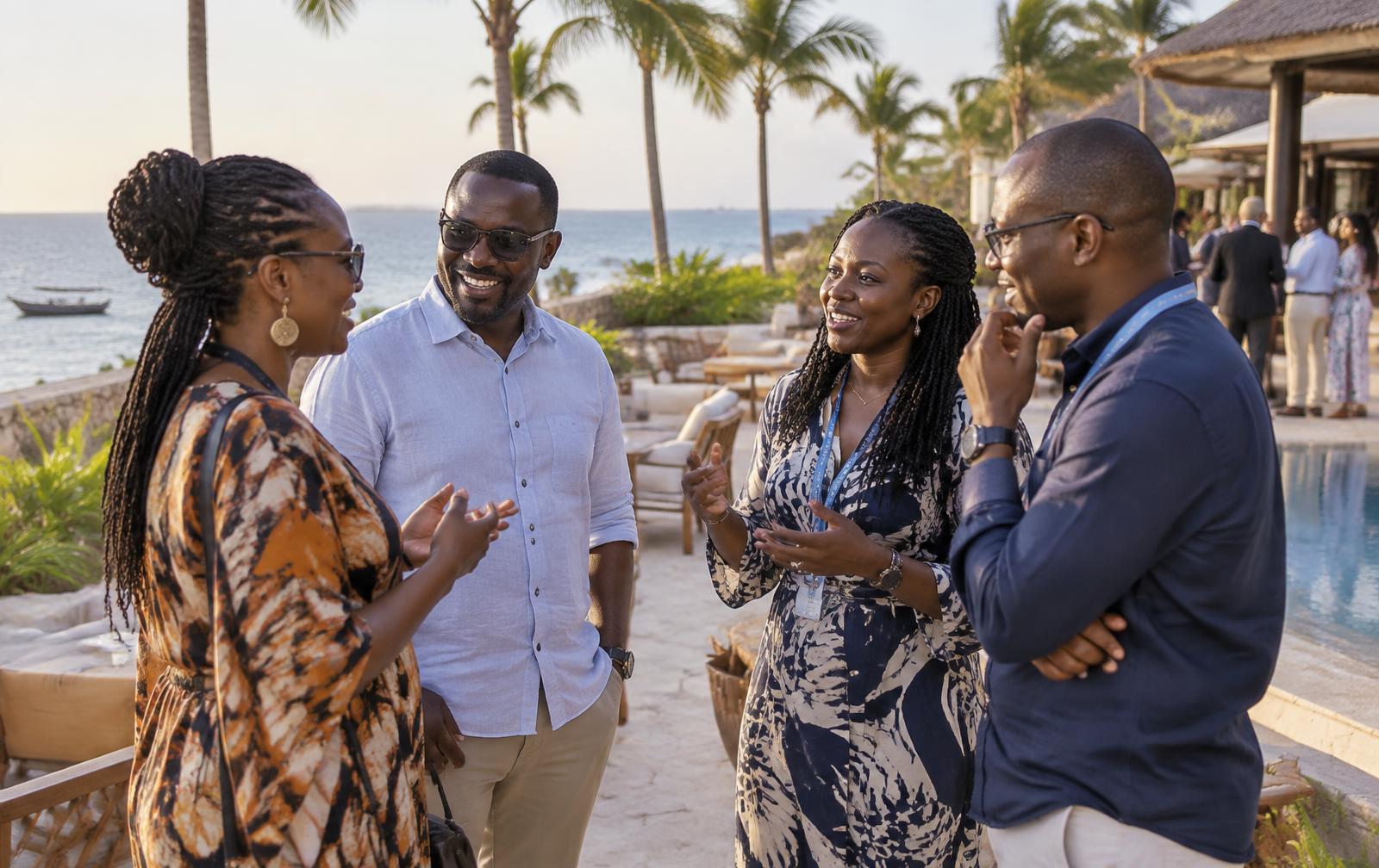 East African communication professionals talking beside the coast