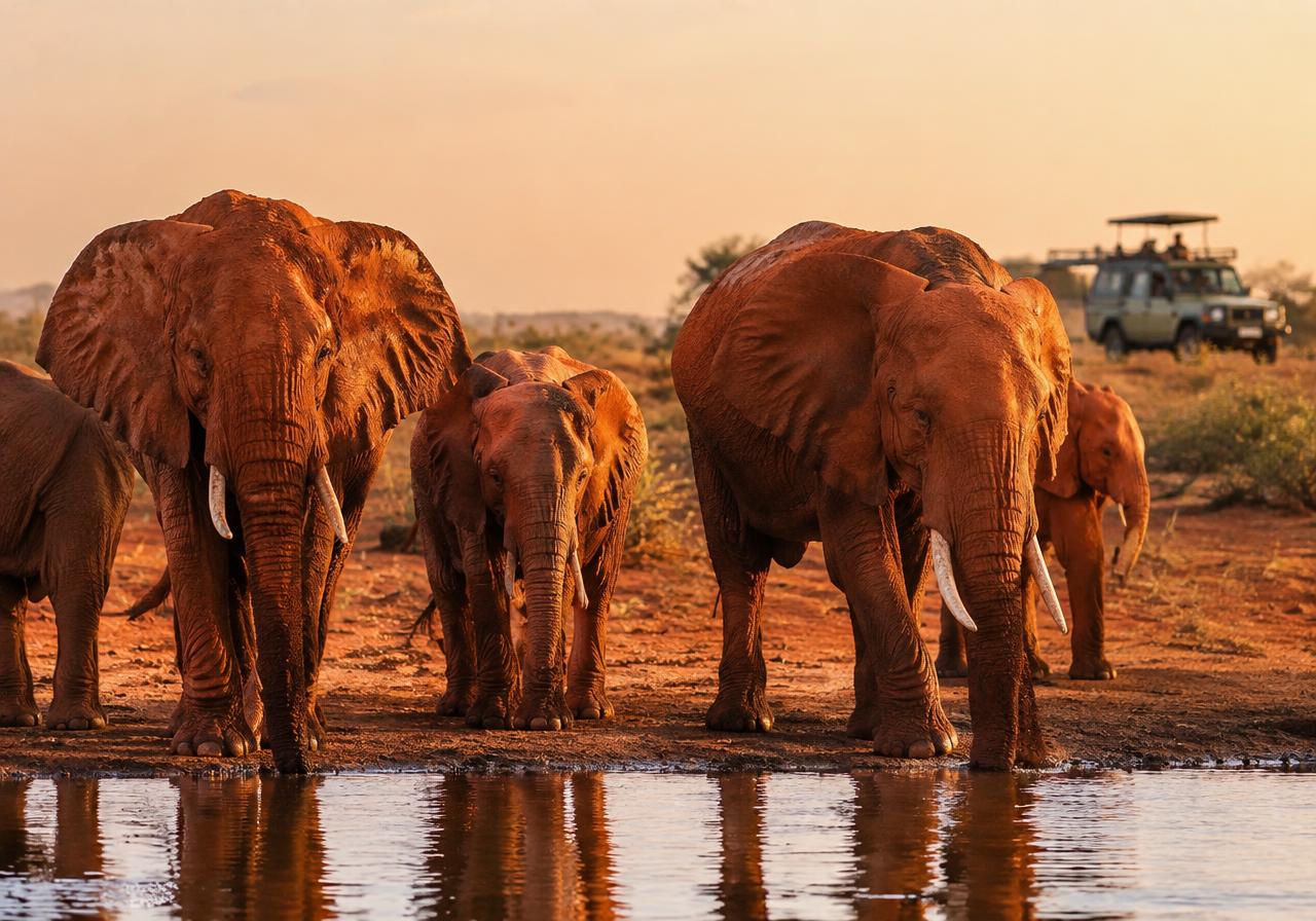 Elephants at a waterhole in Tsavo East National Park
